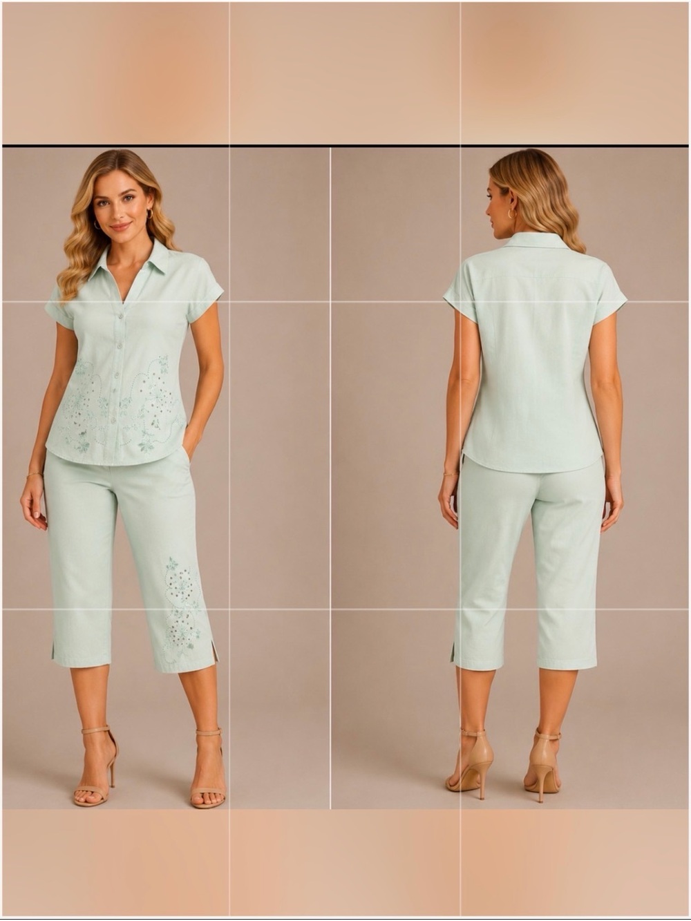 Light Mint Embroidered Capri Set - Unknown Brand
